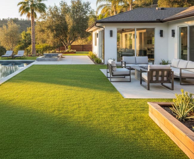 Sunny realistic artificial turf lawn installation in Los Angeles